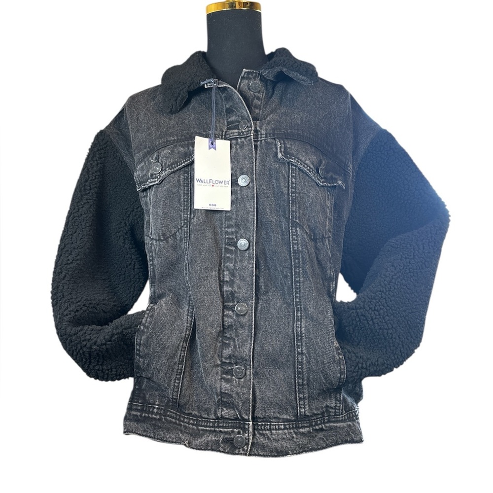 Wallflower Charcoal Black Denim Jean Jacket Sherpa Sleeves Large
